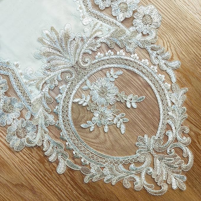 Elegant Vintage Lace Table Runner 72 inches(180cm) Long Beige Gold with Exquisite Macrame and Embroidered Floral Pattern Perfect as a Dresser Scarf (14X72'')