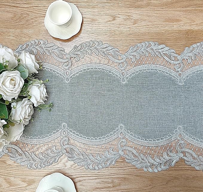 Elegant Vintage Lace Table Runner 60 inches(150cm) Long Grey Silver with Exquisite Macrame and Embroidered Floral Pattern Perfect as a Dresser Scarf (14X60'')